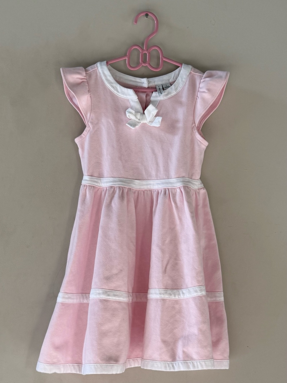 Janie and Jack Girls 6 Pink White Bow Flutter Sleeve Dress